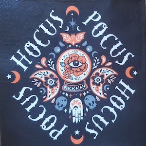 May include: Black and white graphic design with the words "Hocus Pocus" repeated around a crystal ball with an eye and floral design. The design includes moons, stars, skulls, and a hand with an eye.