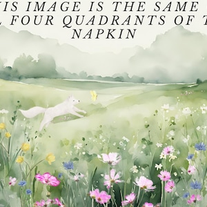 a painting of a white dog running through a field of flowers