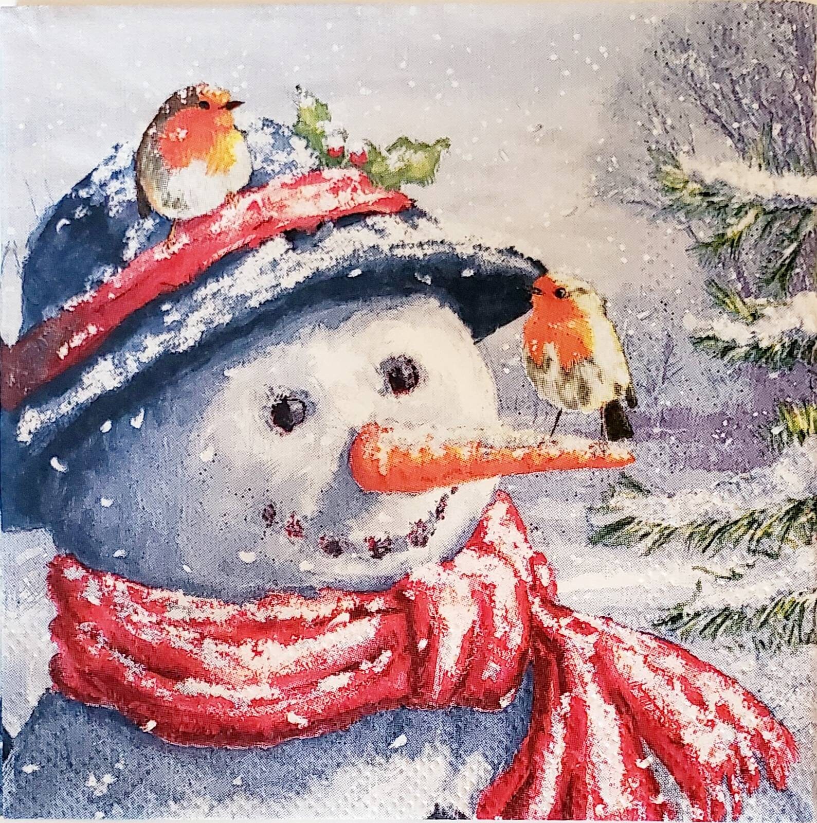 Decoupage Napkins- Snowman Paper Napkins- Set of 3- Beverage Size