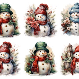 May include: Six watercolor illustrations of snowmen with different hats and scarves. Each snowman is surrounded by greenery and red berries.