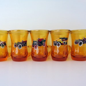 5 Vintage 60s Italian espresso cups, vintage liqueur glasses, set retro amber color coffee cups, demitasse espresso cups with old cars