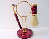 Vintage Acrylic covered pink black, gilded razor components, gilded metal stand, gilded razor arm, Gillette razor cartridge Shave Brush