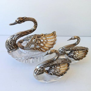 Set of 3 Vintage Italian 40s elegant salt cellars, Crystal/ Silver 800 Plated Swans with wings Salt Cellar, ring&#39;s holder shape swan
