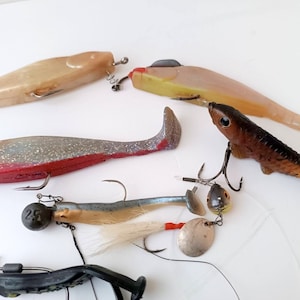 Rare find Vintage Fishing Lures Collection of 7 lures more items for fishing,  window&#39;s of store for fishermen goods decor, gift for him