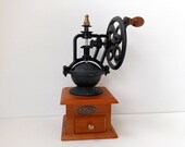 Lovely antique Grand Retro Country Style Coffee Grinder with grand Mill wheel, Italian wooden Coffee Grinder With Cast Iron Hand Top Crank