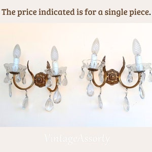 Antiques Italian 2-arms Wall Sconce Gilded Brass and crystal Vintage Italian Brass lamps with crystal drops Italian wall lamps