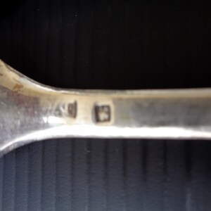 May include: Close-up of the back of a silver spoon with the hallmark "925" stamped on the back.