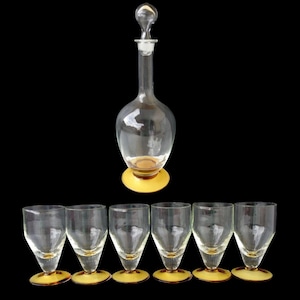 Elegant Vintage Italian Clear glass with amber color base Glass Decanter Wine Liqueur Carafe with 6 glasses Vintage Glass Carafe Clear