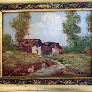 Sammlerstück vintage signierte ölgemalte Dorflandschaft mit schönen Holzrahmen gerahmt, goldfarben italienisch gerahmt Wandbehang Dekor