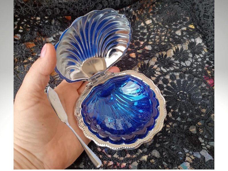 Antique Italian serve caviar, bowl Dish, with Glass Liner, Shell Shaped Dish, shell shaped lided bowl, Seashell plate, Caviar Lidded Bowl