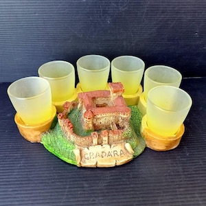 Vintage Italian drinking set, Special set, matte yellow glass cups drinking Italian liquore Limoncello, in ceramic base, drinking beakers