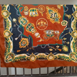 Großer Vintage Retro Damen Schal Aristokratisches Muster Schal, Damen Schal 80er Vintage braun gold gelb Foulard farben