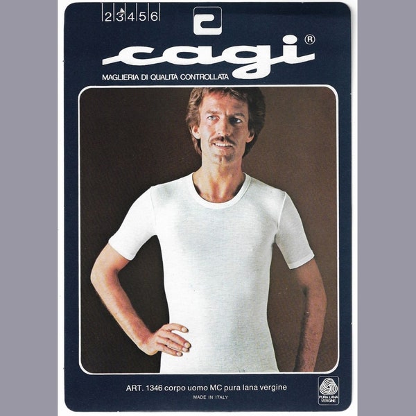 Italien vintage 80s body man S,M tailles pure vergine Wool T shirt « Cagi » de haute qualité, T-shirt 50wool/50coton tricot sous-vêtements homme