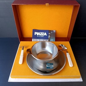 Vintage 80s Italian by "Fratelli Piazza" lunch set in precious stainless steel 18/10, plate, bowl, fork, spoon knife in the original package