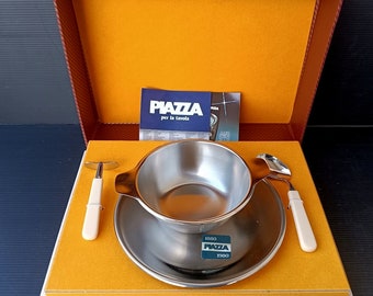 Juego de almuerzo italiano vintage de los años 80 de "Fratelli Piazza" en acero inoxidable 18/10 de alta calidad, plato, tazón, tenedor, cuchara y cuchillo en su embalaje original.