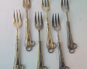 Italian vintage flatware Bugatti branded silver plated set 12 wedding dessert forks, silver plated forks with symbolic wedding rings