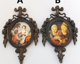 Brass Framed with silk-printed peaples Image, Art Nouveau Ornated Oval Frame, Wall Decor, Italian antiques wall hanging art