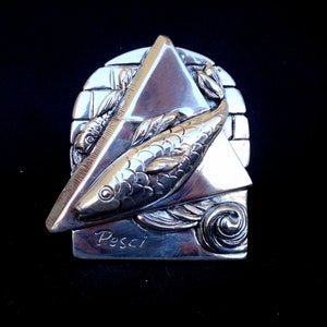 May include: Silver zodiac charm featuring two fish swimming in a triangle shape with the word "Pesci" inscribed below.