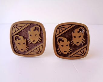 Vintage Italian Brass Mask Knobs Set, Engraved Brass Handles 1950s, Mid Century Drawer Pulls Italy