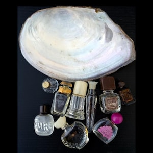 May include: A collection of vintage perfume bottles in various shapes and sizes, including a bottle with the word "PURE" on it. The bottles are arranged on a dark surface with a large, iridescent seashell in the background.