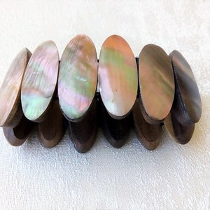 Vintage Mother of Pearl and Wood Reversible Stretch Bracelet / Shell Bangle