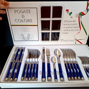 Vintage Pinti 1929 Blue Color Cutlery Set of 24, Italy Inox Spoons
