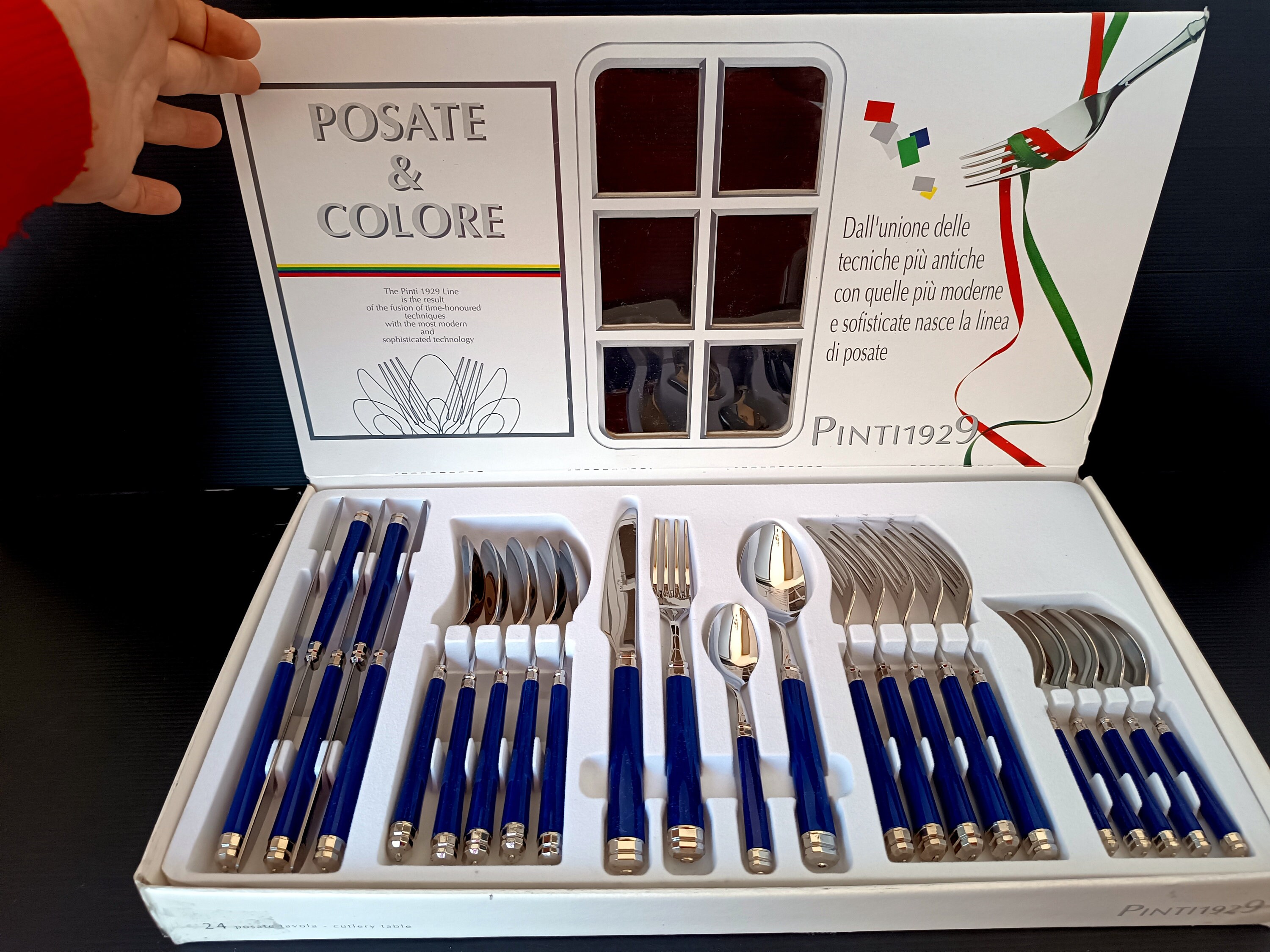 Vintage Pinti 1929 Blue Color Cutlery Set of 24, Italy Inox Spoons