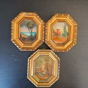 Vintage italienische Kunst Miniatur Ölgemälde Landschaft Landschaft in achteckigen Holzrahmen gerahmt, italienischer gerahmter viktorianischer Stil Wanddeko