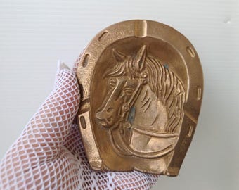 Beautiful Heavy Vintage Brass Horse Horseshoe Ashtray From the 60s