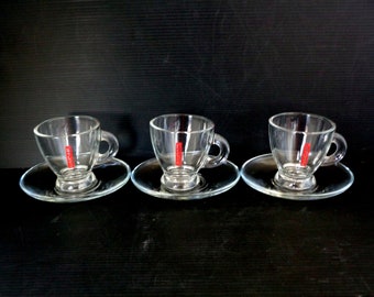 3 Vintage Italian espresso cups, vintage clear glass Saicaf coffee cups, demitasse espresso with saucers