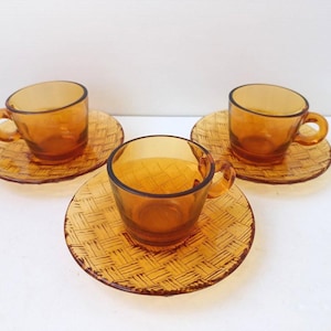 2/3 Vintage  espresso amber color glass cups with saucers, vintage Duralex France glass coffee cups, demitasse espresso cups with saucers