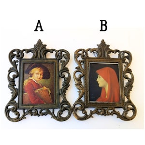 Small Old Italian silkscreen uman image in ornate brass frame, Art Nouveau rectangular Frame, Wall hanging decoration