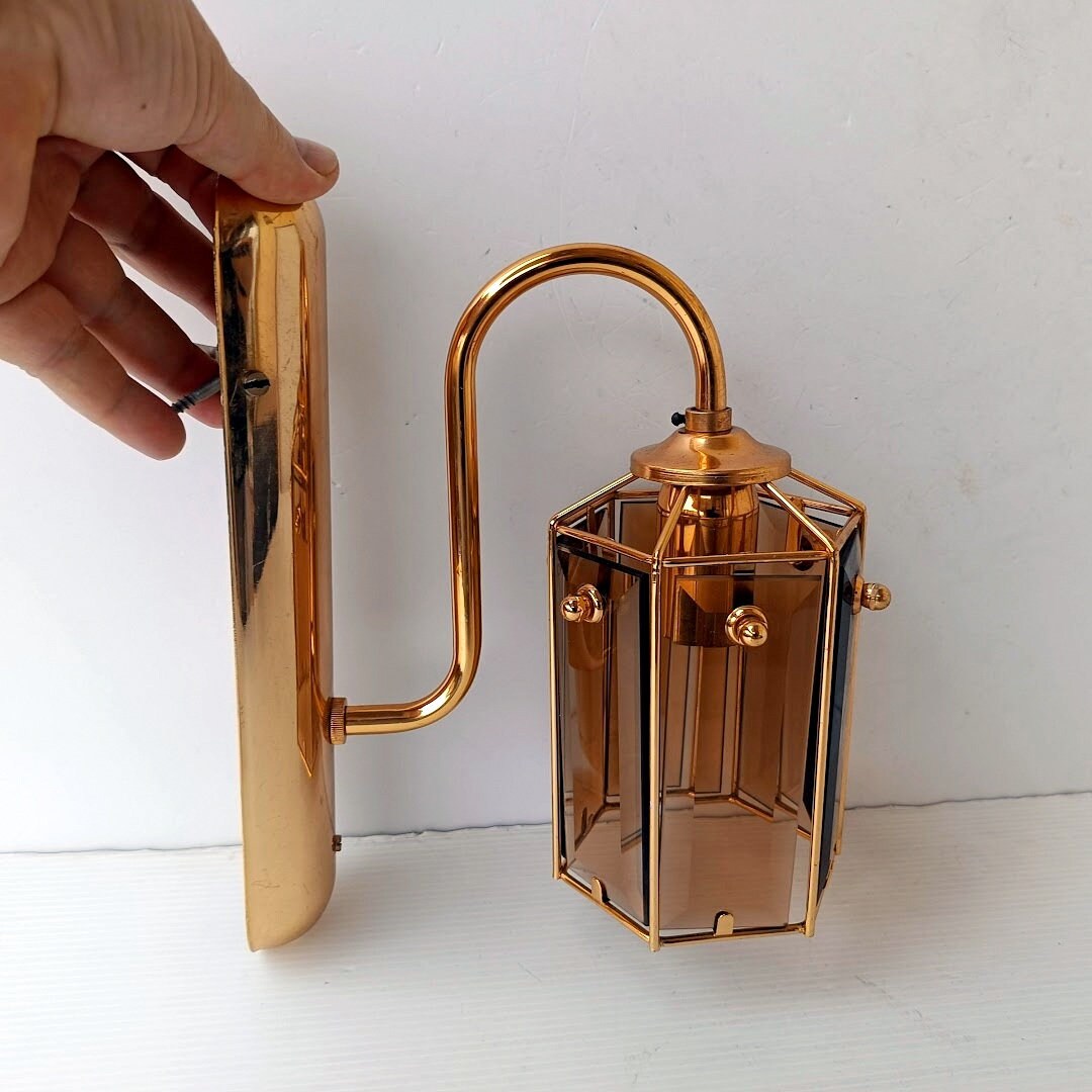 Vintage 70s Sconce Made of Brass With Facet Cut Smoked Glass, Vintage Italian Lighting - Etsy