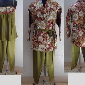 Vintage Italy 80s womens Beverly hills silk satin set  Pajama and short robe, Premium quality silk home top, trousers,  jacket trappunted