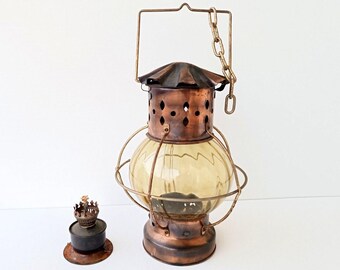 Farol vintage de cristal ámbar – Lámpara de aceite de metal – Decoración rústica industrial – 25 cm