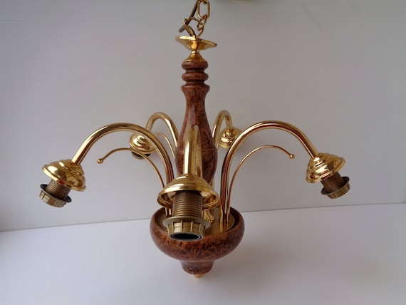 Vintage Wood Gilded Metal 5 Lights Ceiling Lamp Mid Century