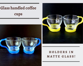 4 Vintage Italian espresso cups, vintage coffee glass cups with blue yellow matte glass holders, coffee cups glass demitasse Italian coffee