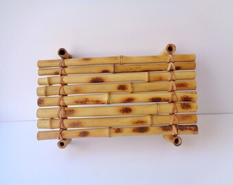 Vintage Italy bamboo kitchen pot holder, bamboo trivet with 4 feets, picnic tools, restaurant rustic ethnic style, rustic home decor