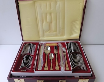 Certificated Vintage Italian luxury set Gottinghen cutlery service pc.75 in 18/10 stainless steel & 24 carat fine gold in original gift box