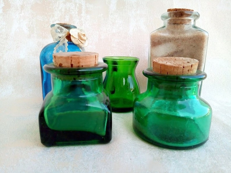 5 Small Vintage Jars Collection Green Clear Blue Glass Etsy