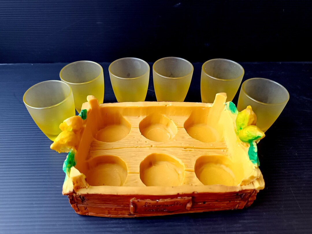 Vintage Italy 6 Limoncello Shot Glasses Service Resin Tray Glass
