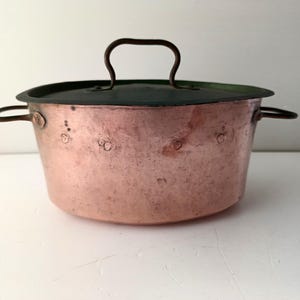 Rare antique Italian copper pot with lid, lidded pot, 2 handles, kitchen display decor, vintage  rustic copperware, antique Italian kitchen