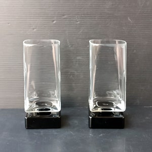 Vintage Pair of Square Glassware, Black Pedestal Bases, Mid Century Cocktail Glass Square Design Italian famous Di Saronno square glasses
