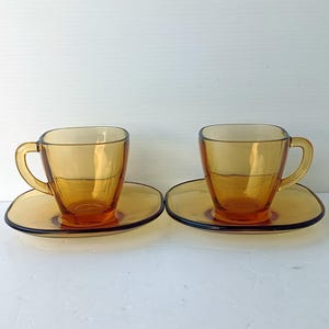 2/3 Vintage  espresso amber color glass cups with saucers, vintage Verego France glass coffee cups, demitasse espresso cups with saucers
