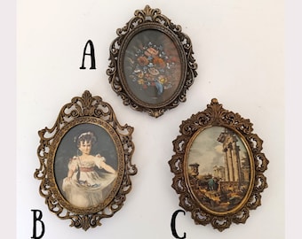 Brass Ornate Photo Frames with stamped images with glass, Art Nouveau Oval Frame, Wall Decor, Italian antiques wall hanging decoration