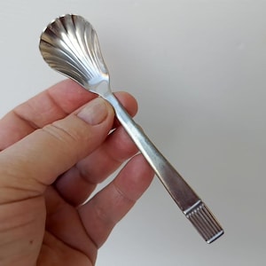 Pode incluir: Uma colher de metal prateado com uma concha em formato de vieira estriada. O cabo é reto e plano, terminando numa secção retangular decorada com uma série de ranhuras ou sulcos verticais ao longo da superfície da extremidade.
