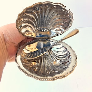 Könnte beinhalten: Eine silberfarbene, muschelförmige Servierschale mit Klappdeckel und kleinem Löffel. Die Schale hat einen gewellten Rand und eine detaillierte, strukturierte Oberfläche. Der Löffel liegt in der offenen Schale.