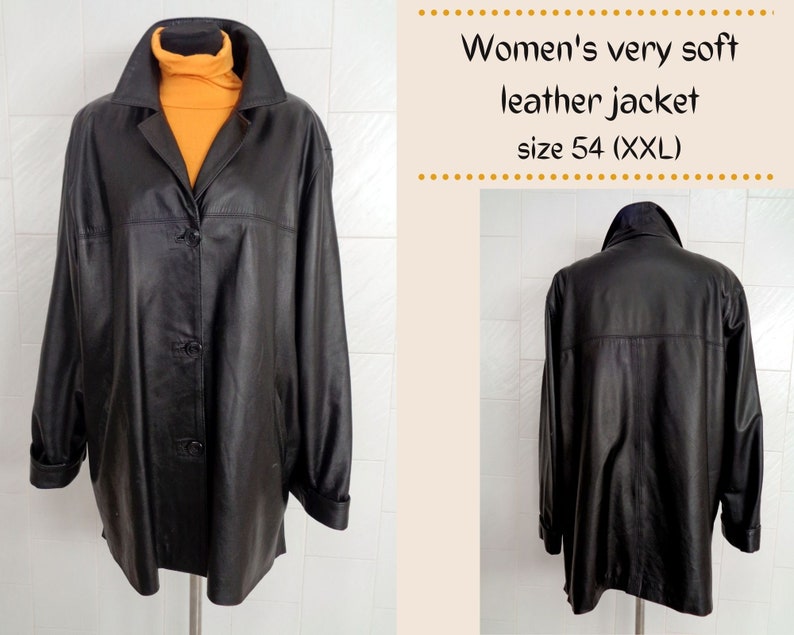 May include: Black leather jacket with a button closure and long sleeves. The jacket is size 54 (XXL).