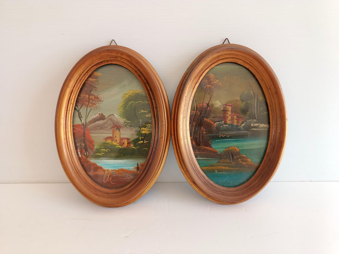 Pair of Vintage Italian Signed Oil Painted Landscape Framed in Oval ...