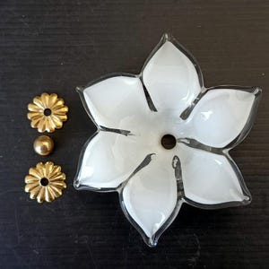 May include: A white, five-petaled glass flower shade with clear edges and a central circular opening. Beside the glass piece are two gold-toned, scalloped metal washers and a single small, smooth gold-toned metal sphere component.